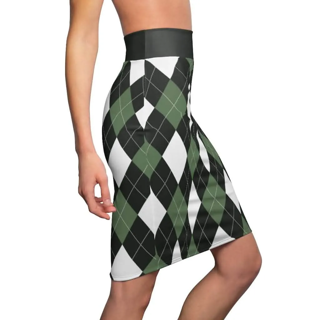 Women's Green and White Stretch Mini Pencil Skirt with Argyle Print