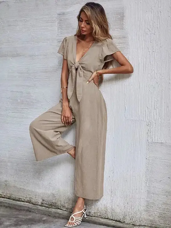 Women’s Solid Color Tie Front Cutout Flutter Sleeve Crop Jumpsuit