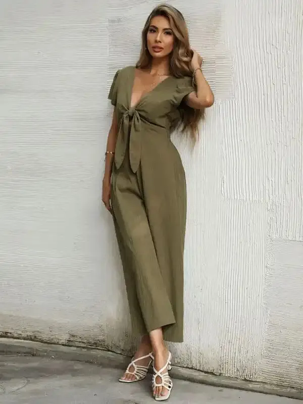 Women’s Solid Color Tie Front Cutout Flutter Sleeve Crop Jumpsuit