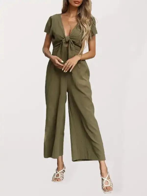 Women’s Solid Color Tie Front Cutout Flutter Sleeve Crop Jumpsuit