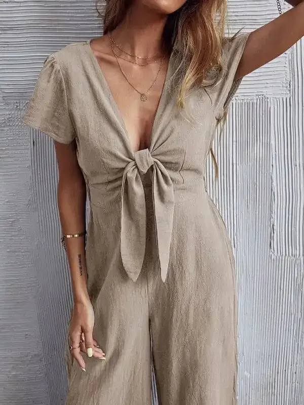 Women’s Solid Color Tie Front Cutout Flutter Sleeve Crop Jumpsuit