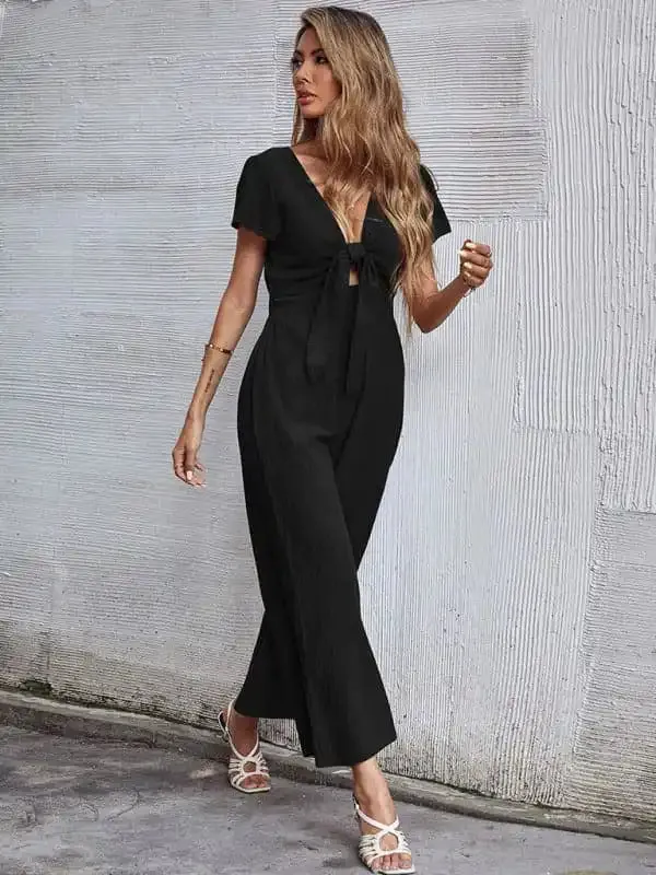 Women’s Solid Color Tie Front Cutout Flutter Sleeve Crop Jumpsuit