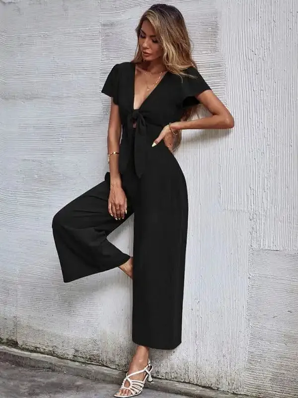 Women’s Solid Color Tie Front Cutout Flutter Sleeve Crop Jumpsuit