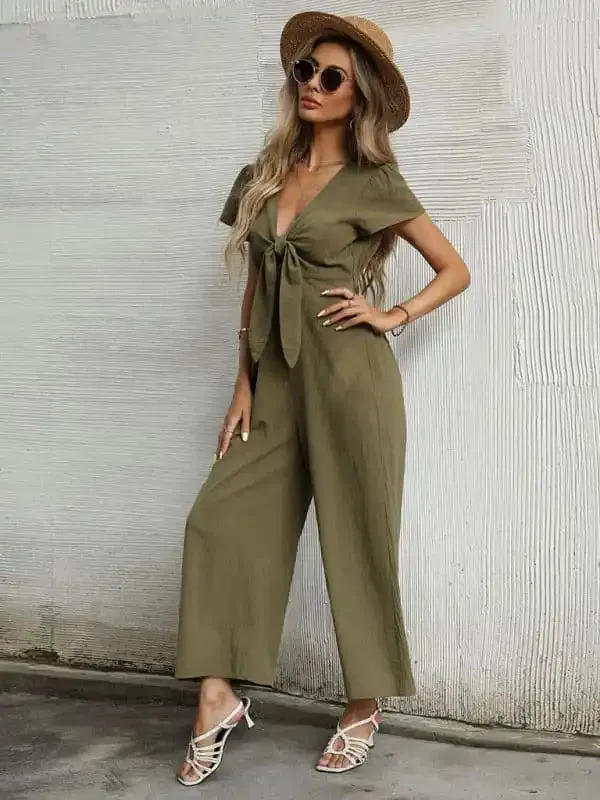 Women’s Solid Color Tie Front Cutout Flutter Sleeve Crop Jumpsuit
