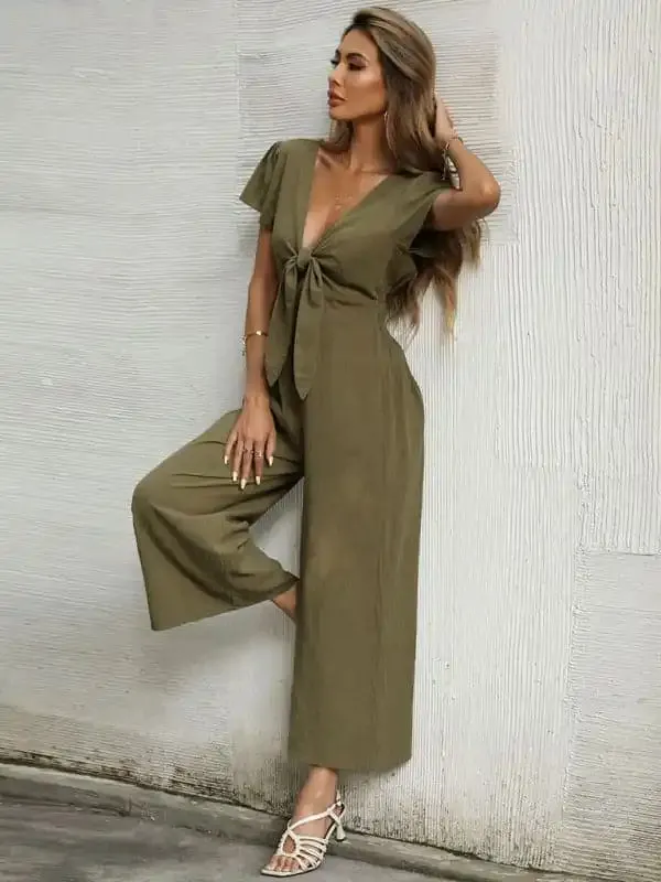 Women’s Solid Color Tie Front Cutout Flutter Sleeve Crop Jumpsuit