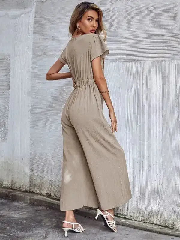 Women’s Solid Color Tie Front Cutout Flutter Sleeve Crop Jumpsuit