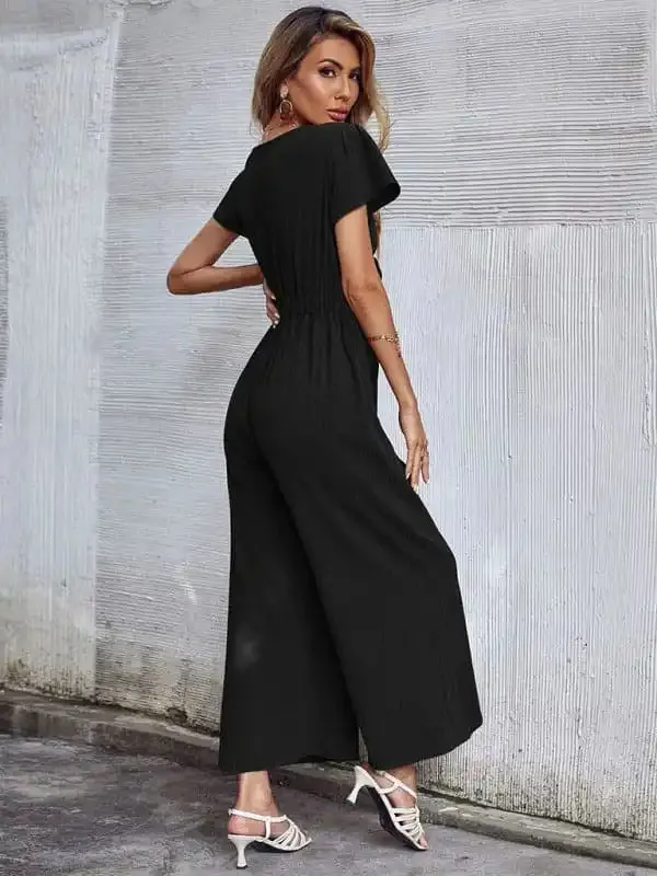 Women’s Solid Color Tie Front Cutout Flutter Sleeve Crop Jumpsuit