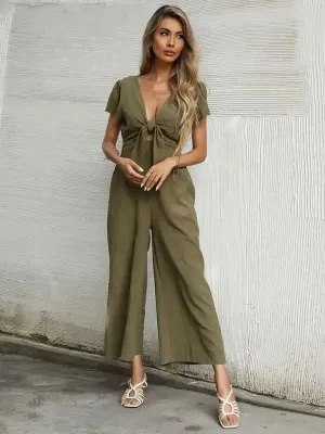 Women’s Solid Color Tie Front Cutout Flutter Sleeve Crop Jumpsuit
