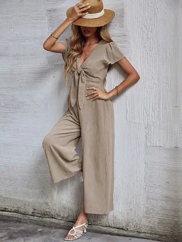 Women’s Solid Color Tie Front Cutout Flutter Sleeve Crop Jumpsuit