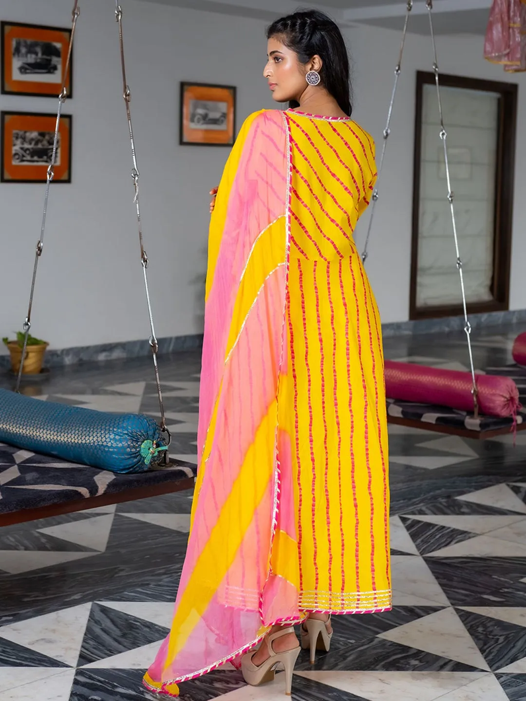 Yellow A-line Angrakha Leheriya Kurta with Pants & Dupatta