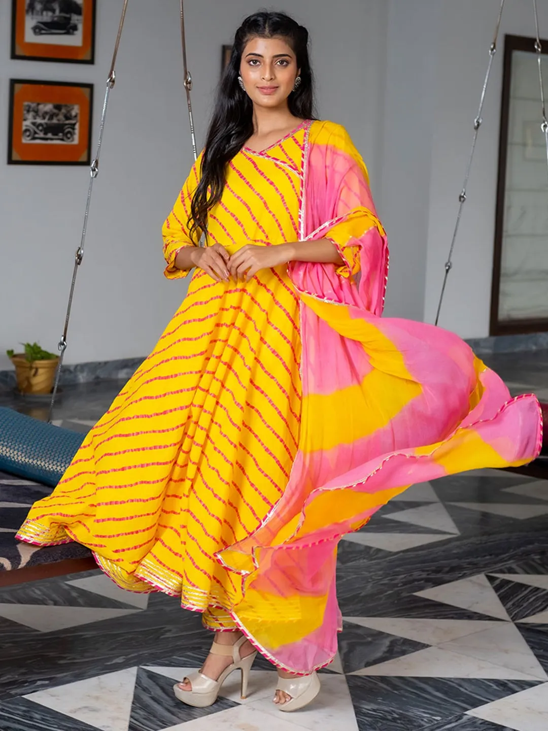 Yellow A-line Angrakha Leheriya Kurta with Pants & Dupatta