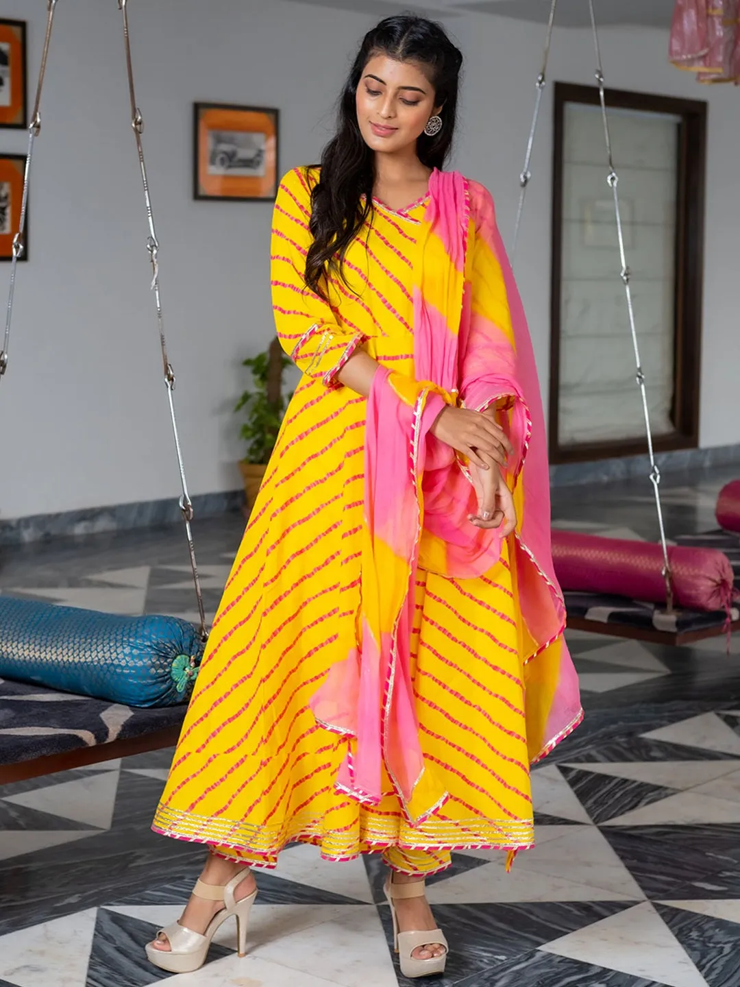 Yellow A-line Angrakha Leheriya Kurta with Pants & Dupatta
